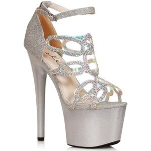 NIB Ellie Silver Platform Heeled Glitter Sandals Stilettos sz 6